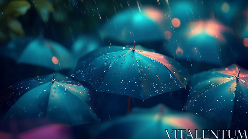 Glowing city rain falls softly over teal umbrellas tonight