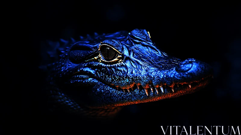 Crocodile portrait in neon blue rim light on black background.