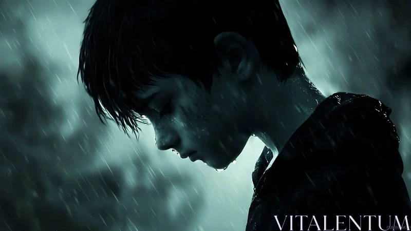 Profile view shows wet boy standing motionless in rainfall