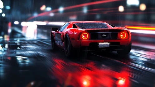 Red Ford GT accelerates through wet neon city street at night