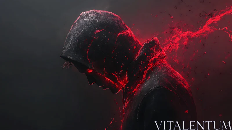 Hooded figure glowing with fierce red digital energy.