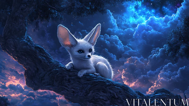 Small white fox on tree branch under luminous night sky.