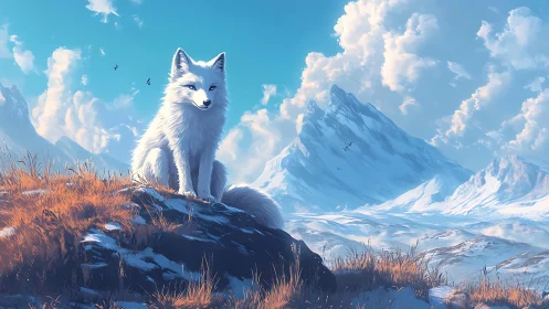Snow fox monarch surveys a sunlit kingdom of blue peaks