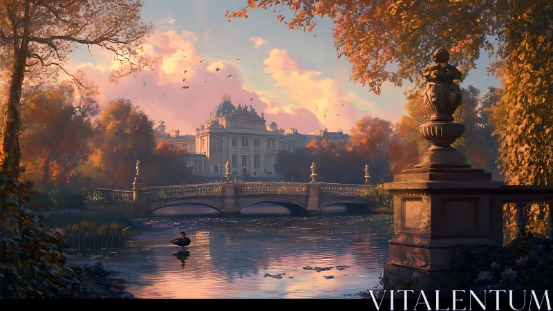 Neoclassical riverside palace at sunset with ornate stone bridge