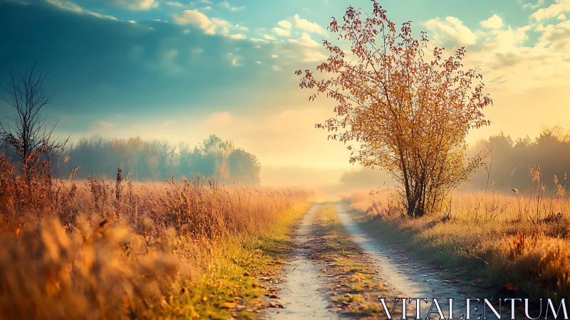 Dirt road passes through autumn field under diffuse morning light