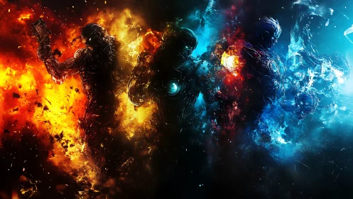 Elemental cyber warriors merge fire, energy and ice in battle