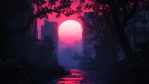 Neon sun sinks through misty overgrown city canal.
