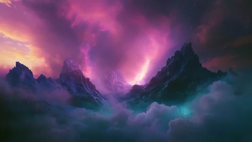 Dreamlit mountains cradled in swirling violet sky glow.