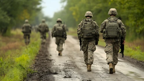 Soldiers march along a muddy forest road in soft daylight