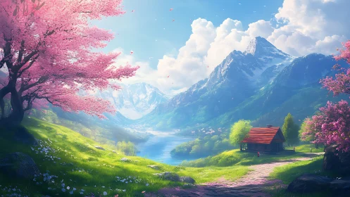 Spring valley cabin beneath radiant alpine peaks.