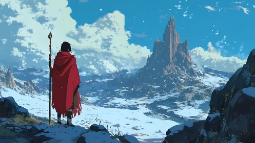 Solitary robed figure observing distant snowbound citadel.