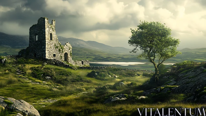 Stone tower ruin overlooks sunlit highland valley lake