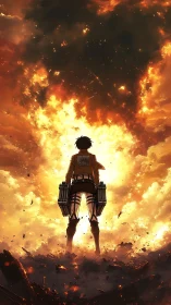 Silhouetted scout over blazing battlefield sky in anime inferno