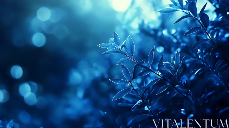 Blue foliage macro with luminous bokeh and shallow depth of field.