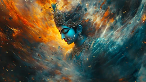 Celestial blue deity drifts through a wildfire of cosmic clouds