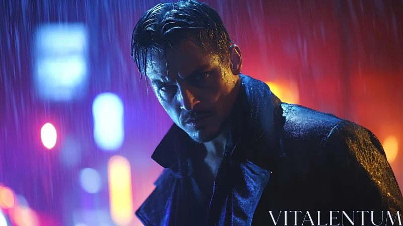 Male figure in rain with neon city lights at night.