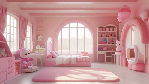 Soft pink girl’s bedroom with toys and pastel decor.