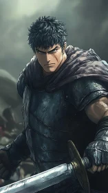 Armored warrior grips sword and stands ready for battle