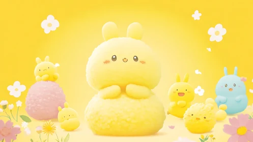 Sunny yellow bunny characters radiate playful spring joy.