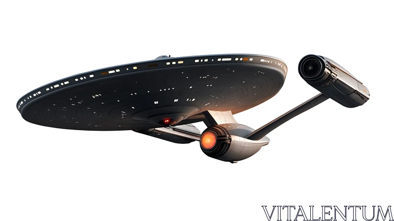 Sleek starship glides through open space in bright detail