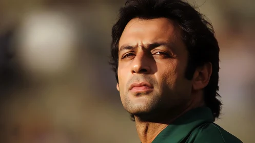 Thoughtful man gazes into warm light with steady resolve