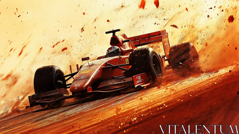High-speed Formula race car drifting through orange dust storm