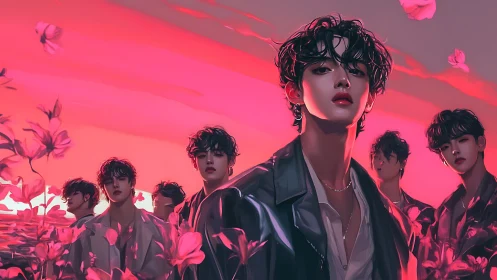 Moody young idols glowing in a dreamlike pink sunset.