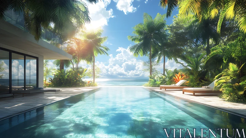 Modern beachfront villa with infinity pool and palm trees.