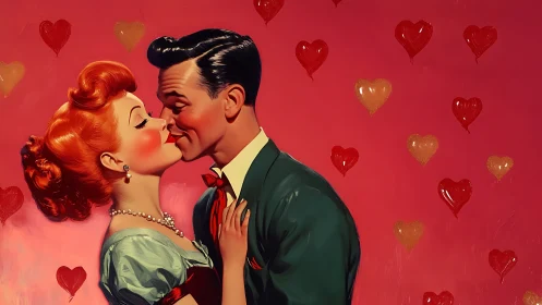 Vintage Romance Blooms: Retro Couple Embraces Amid Floating Hearts