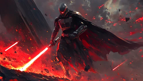 Armored dark warrior with twin red energy blades in lava storm