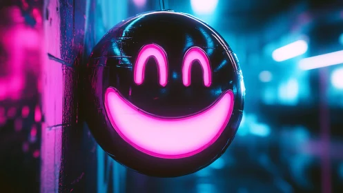 Neon smiley face balloon glows in a blurred cyberpunk alley