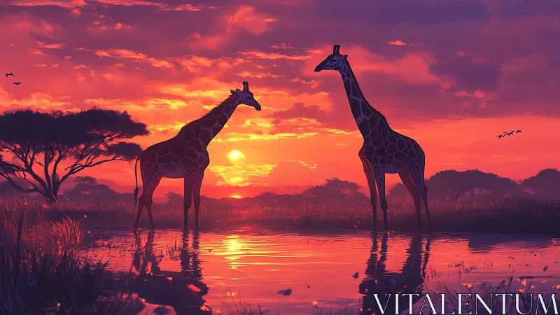 Backlit giraffes stand in reflective wetland under saturated sunset
