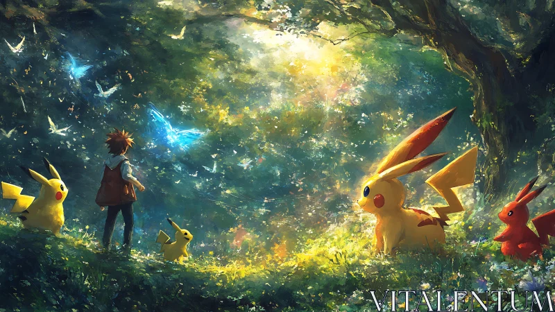 Trainer observes electric creatures under glowing forest canopy