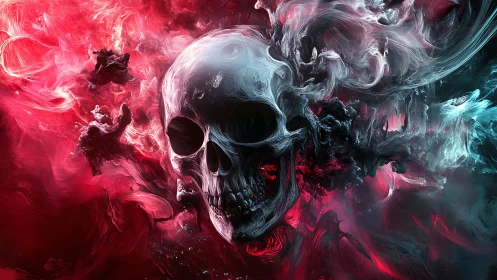 Volumetric skull emerges through turbulent red and cyan nebular smoke
