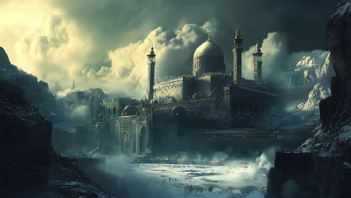 Frozen mountain citadel under storm-split sky glows softly