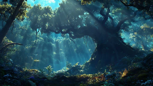 Ancient forest cavern with filtered sunlight penetrating dense canopy structure.