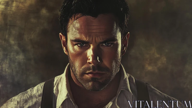 Cinematic low-key portrait of stern man in suspenders, vignetting