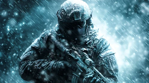 Heavily armored soldier grips rifle in high-intensity blizzard