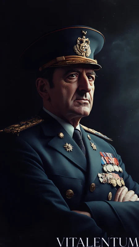 Stern decorated general stands in dramatic three quarter profile