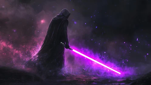 Hooded sci fi warrior stands with glowing purple energy sword.