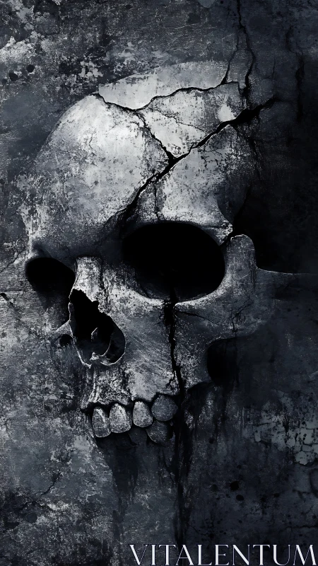 Cracked monochrome skull relief embedded in distressed stone wall