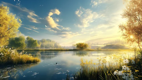 Sunlit river landscape with golden trees at tranquil dawn.