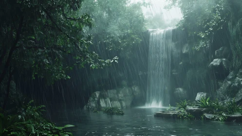Rain-soaked jungle waterfall descends into misty forest pool