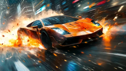 Orange supercar drifting through flames on wet neon city street