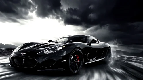 Midnight supercar slicing through a stormy mountain road.
