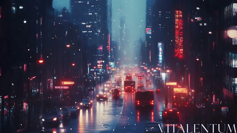 Dense urban traffic on wet city avenue at night in rain.