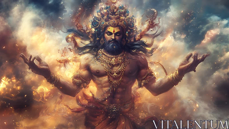 Celestial fire guardian in swirling cosmic meditation.