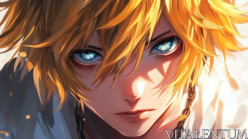 Intense blue-eyed anime hero stares forward in warm light