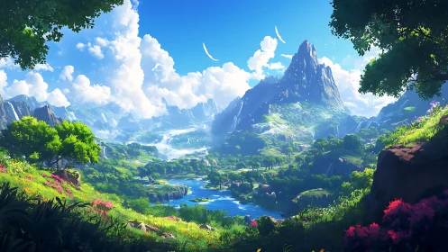 Luminous fantasy valley unfolds beneath towering crystal peak