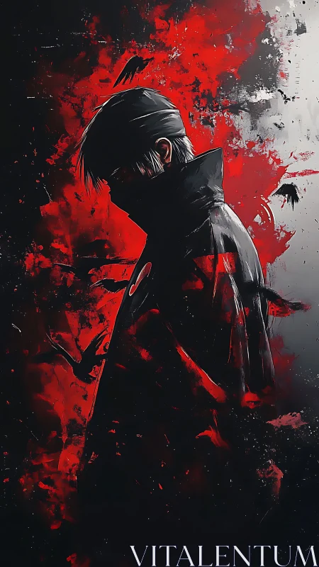 Solitary figure in dark coat against red abstract background.